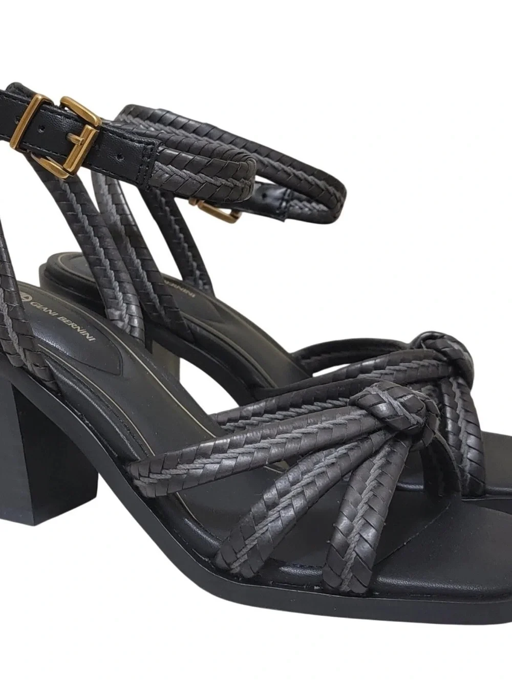 Woven Ankle-Strap Block Heel Sandals - Black